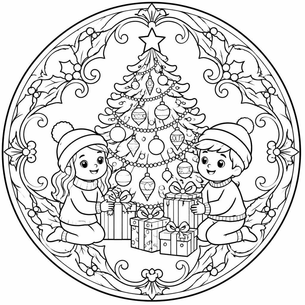 Ilustración para colorear en blanco y negro con árbol de Navidad, regalos y niños, estilo art nouveau simple.