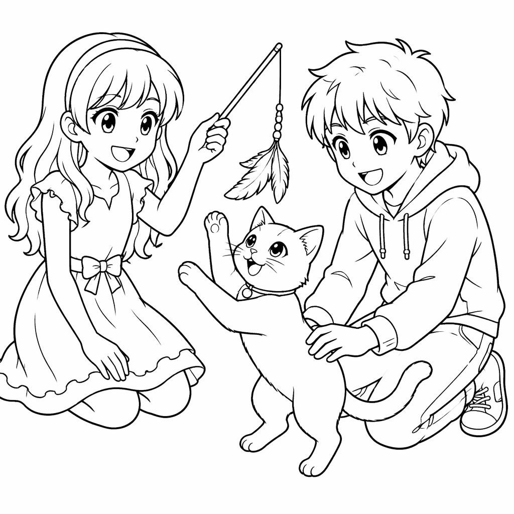 Schwarz-weiße Ausmalseite mit spielender Katze, Kindern und kleid zum ausmalen im Manga-Stil