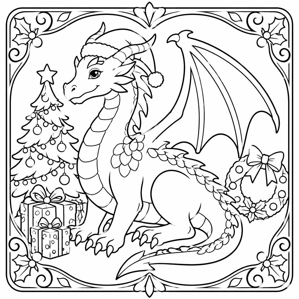 Ilustración para colorear en blanco y negro de un dragón fantástico adulto con líneas gruesas y estilo art nouveau.