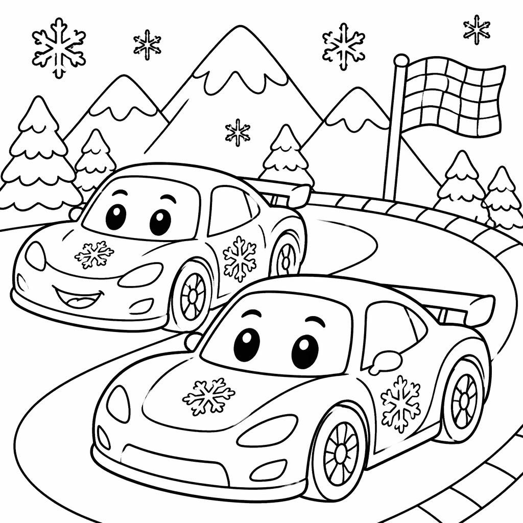 Black-and-white coloring page with simple manga-inspired racing cars for kids, bold outlines on a white background.