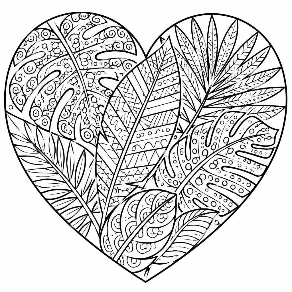 Schwarz-weiße Ausmalseite mit Herz aus tropischen Blättern im Zentangle-Stil, klare Konturen auf weißem Hintergrund.