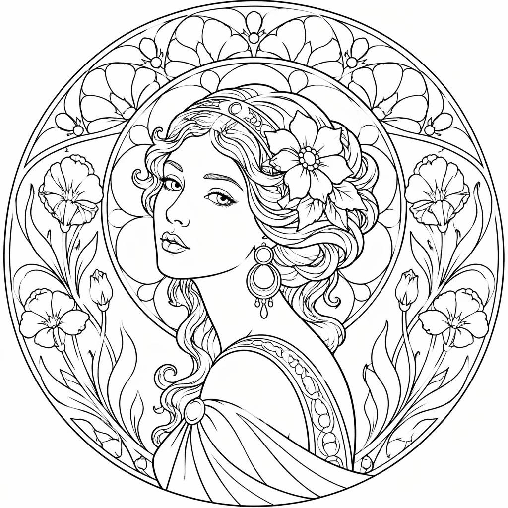Retrato de mujer art nouveau en blanco y negro con líneas botánicas y formas cerradas para colorear.