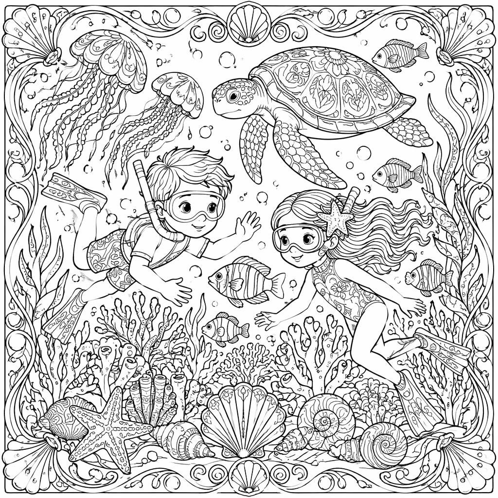 Ilustración para colorear en blanco y negro de una escena submarina infantil con peces, corales y detalles ornamentales
