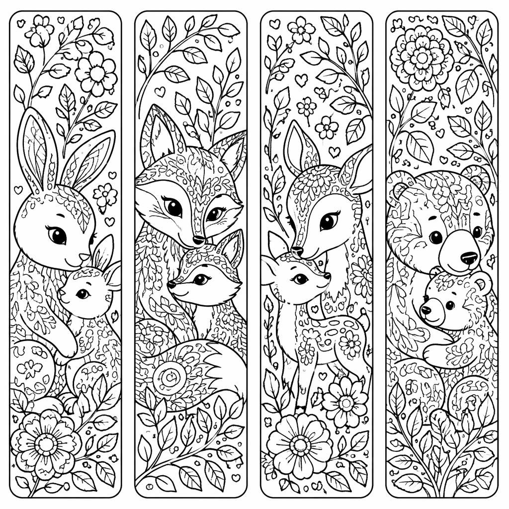 Illustration noir et blanc style zentangle de mamans animaux avec leurs bébés, en line art détaillé à colorier.