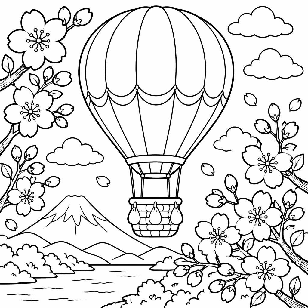 Black-and-white coloring page line art of a hot air balloon with Japanese cherry blossom details, bold outlines, kid-friendly.