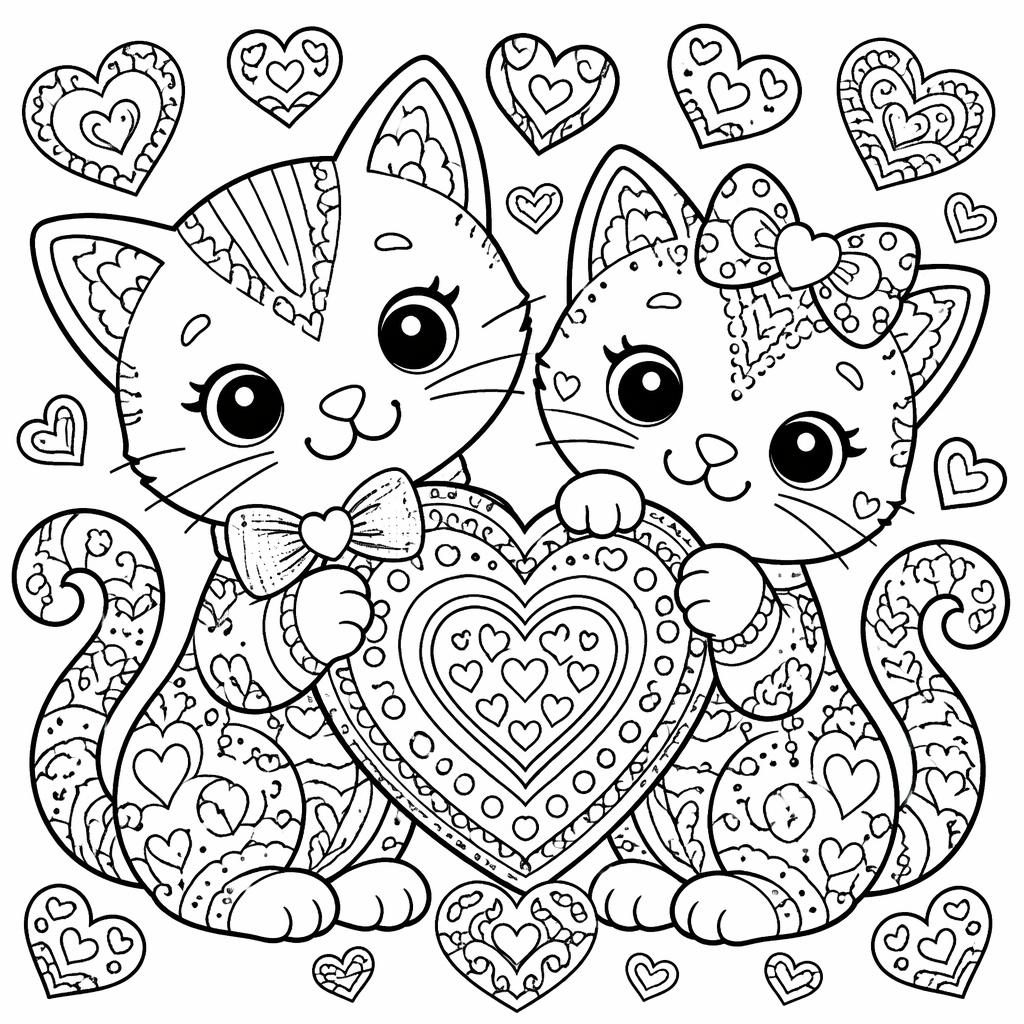 Ilustración para colorear en blanco y negro de gatos infantiles con corazones, estilo zentangle y contornos limpios.