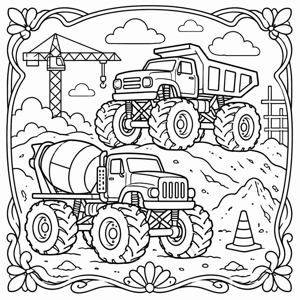 Schwarz-weiße Ausmalbild-Illustration mit einfachen Baustellenfahrzeugen im Jugendstil für Kinder