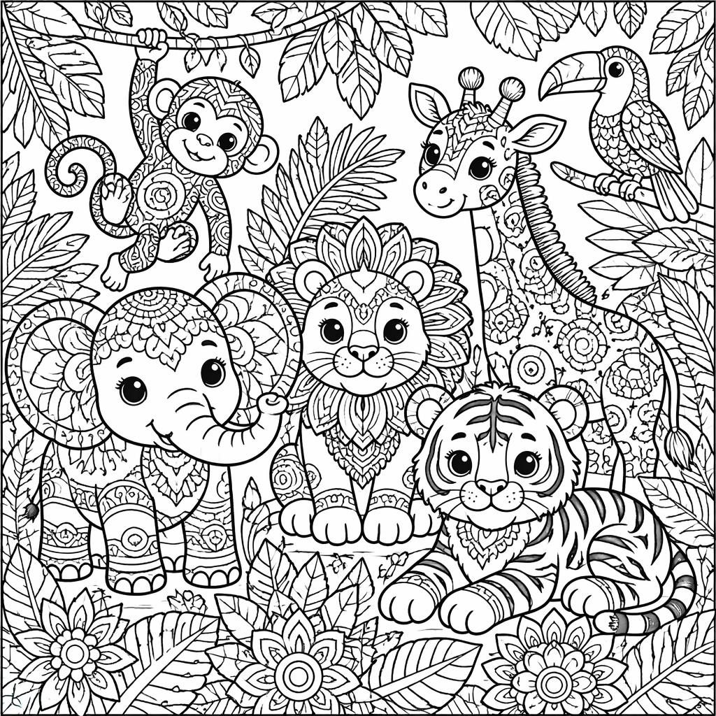 Black-and-white coloring page with a dog and jungle animals in intricate mandala-style line art for kids.