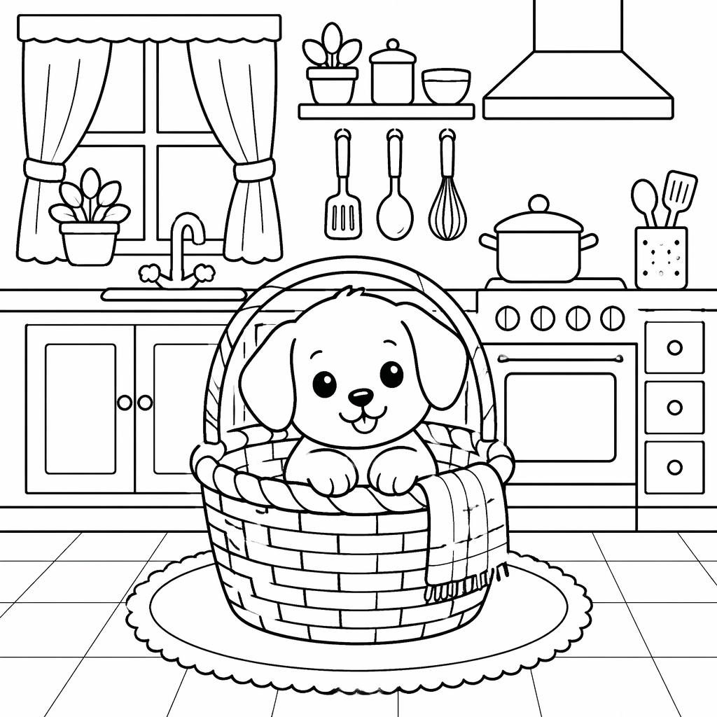 Ilustración para colorear en blanco y negro de un cachorro en una canasta, estilo doodle simple para niños.