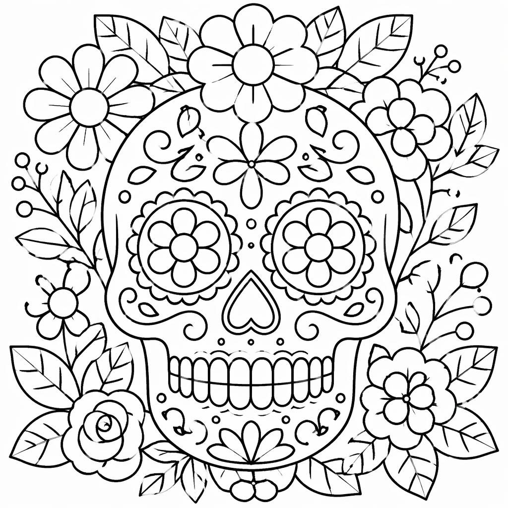 Ilustración en blanco y negro de una calavera de azúcar con flores y hojas, líneas gruesas y formas simples para colorear.