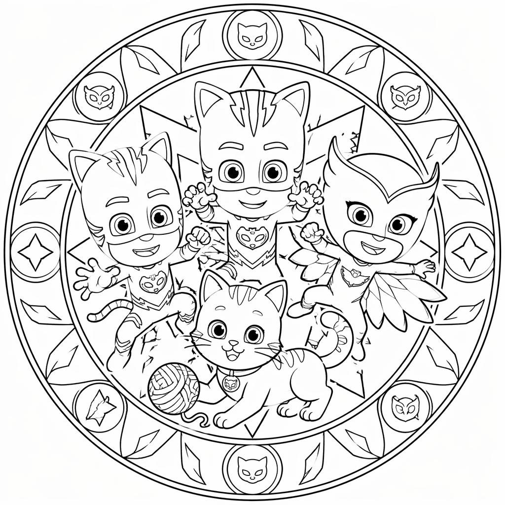 Schwarz-weiße Ausmalseite mit einer Katze und spielenden Kindern im geometrischen Mandala-Linienstil.