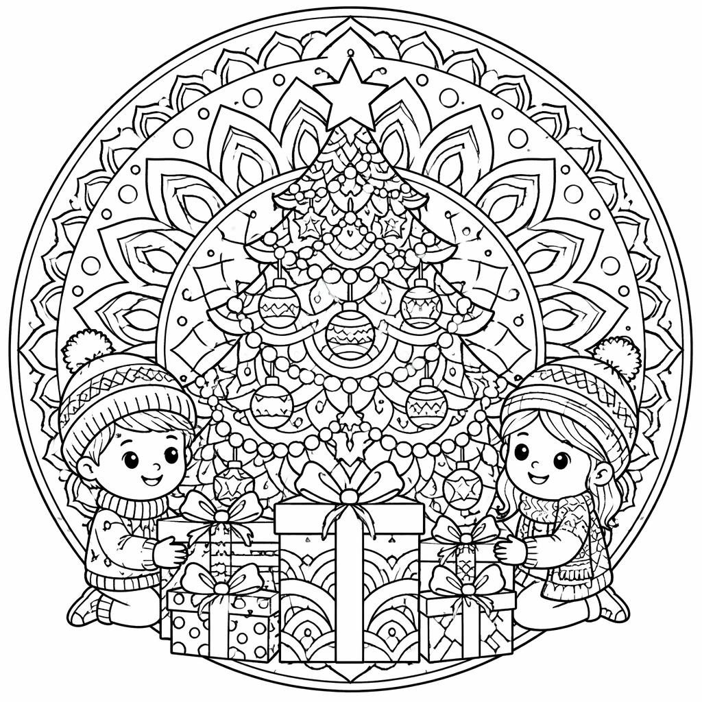 Schwarz-weiße Ausmalbild-Illustration mit Weihnachtsbaum, Geschenken und Kindern im detailreichen Mandala-Stil.