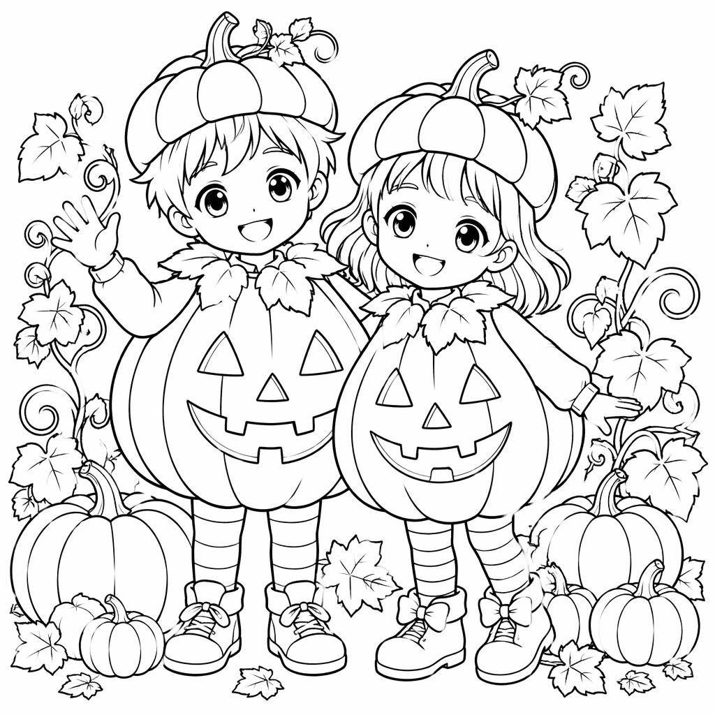Black-and-white coloring page of cheerful kids with Halloween pumpkins in a manga-inspired line-art style.