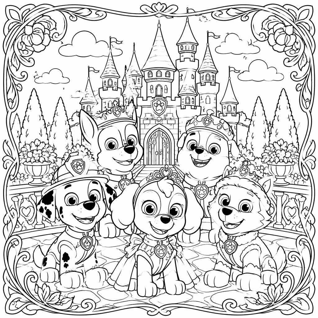 Black-and-white coloring page line art of a fairy tale princess castle for kids, in detailed art nouveau style.