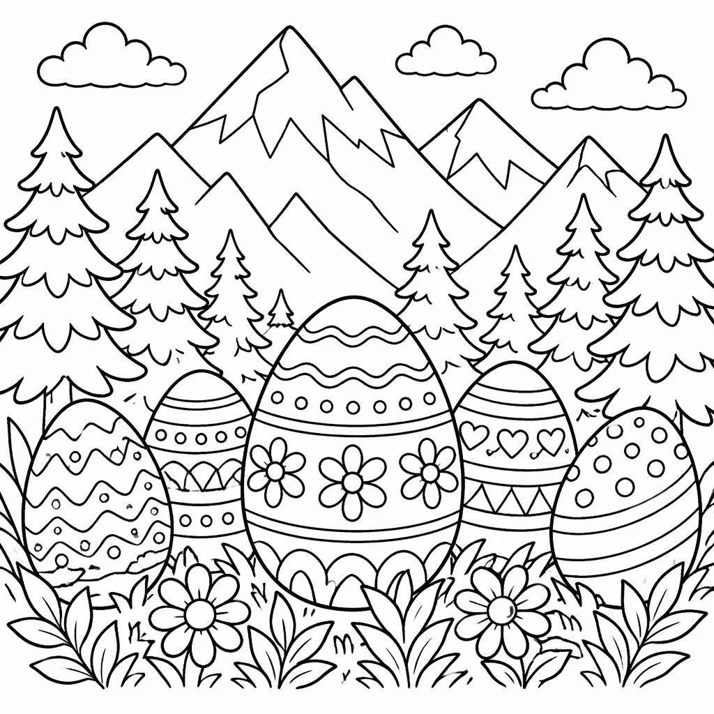 Black-and-white coloring page with mountains, pine trees, and Easter eggs in a cute cartoon line-art style.
