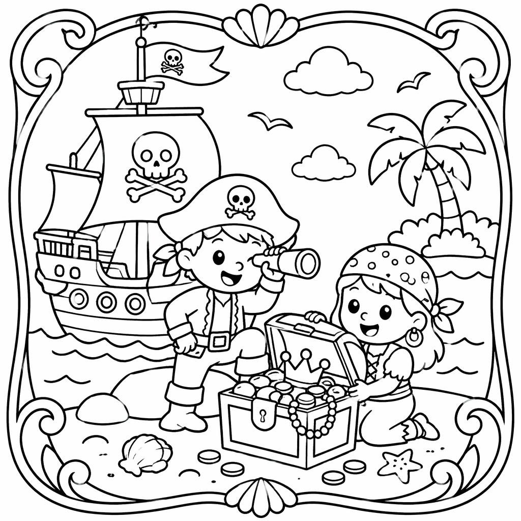 Illustration à colorier en noir et blanc avec bateau pirate, trésor et enfants, lignes épaisses et simples.
