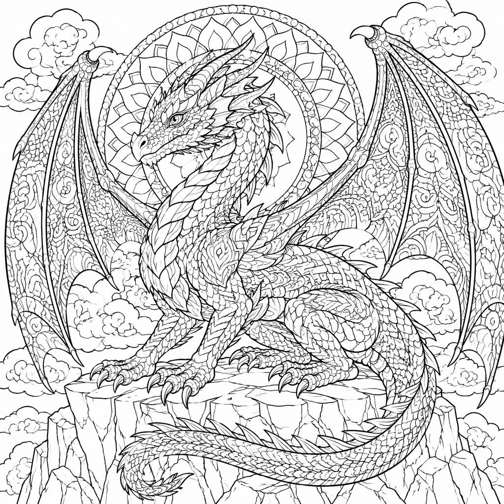 Schwarz-weiße Ausmalvorlage mit erwachsenem Fantasy-Drachen in filigraner, detailreicher Line-Art auf weißem Hintergrund.