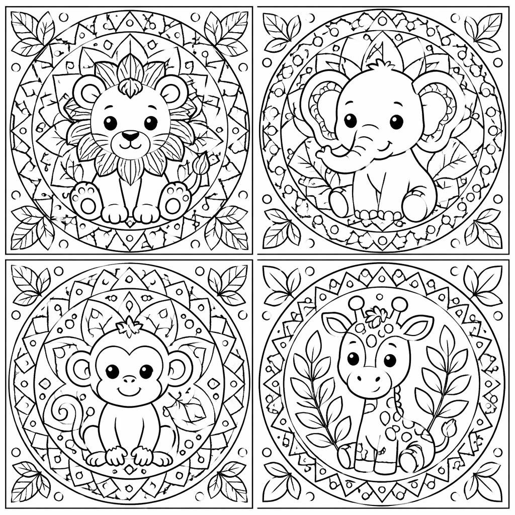 Ilustración para colorear en blanco y negro con animales de la selva para niños, estilo zentangle y líneas limpias.