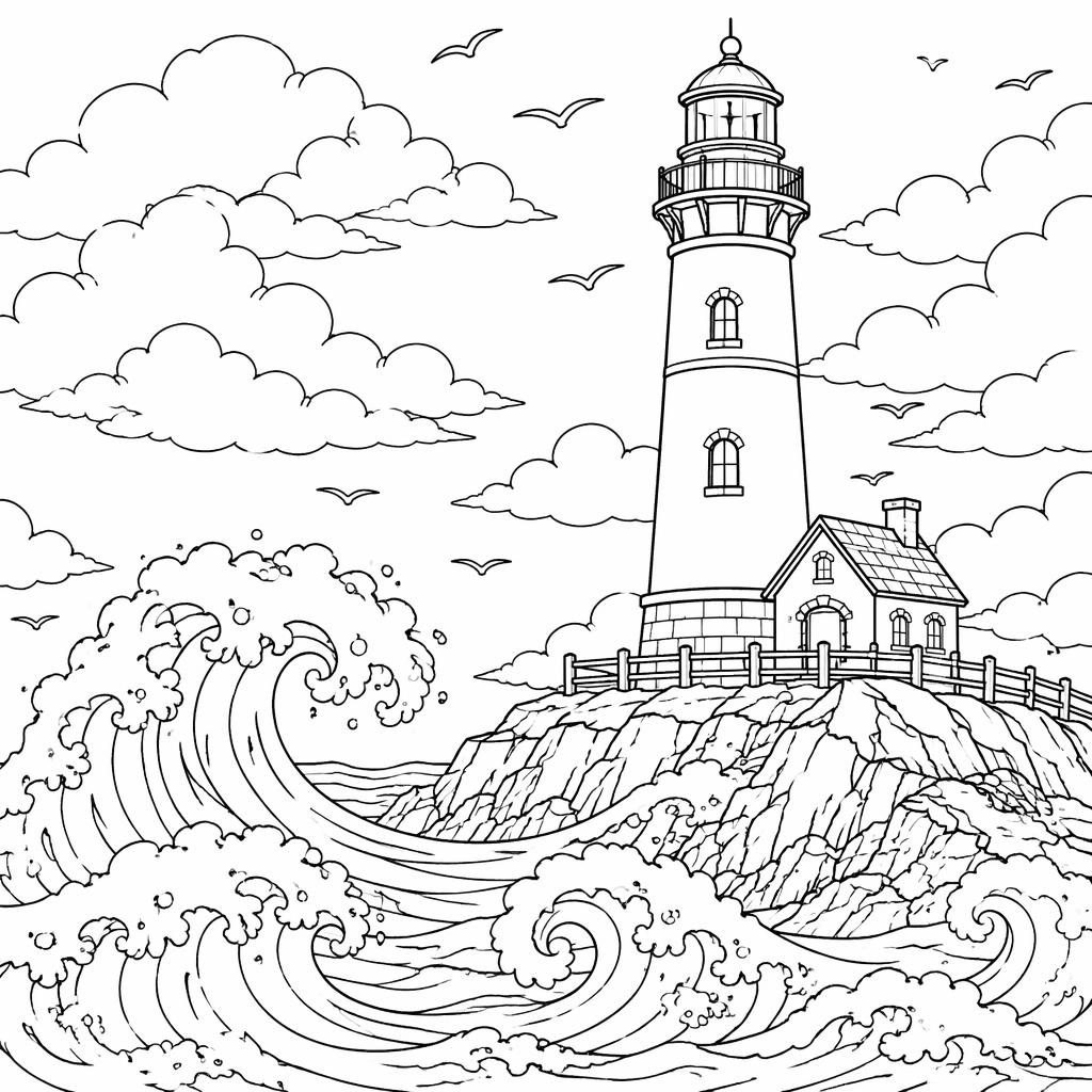 Schwarz-weiße Ausmalseite mit realistischem Leuchtturm und Wellen als klare Line-Art für Erwachsene.