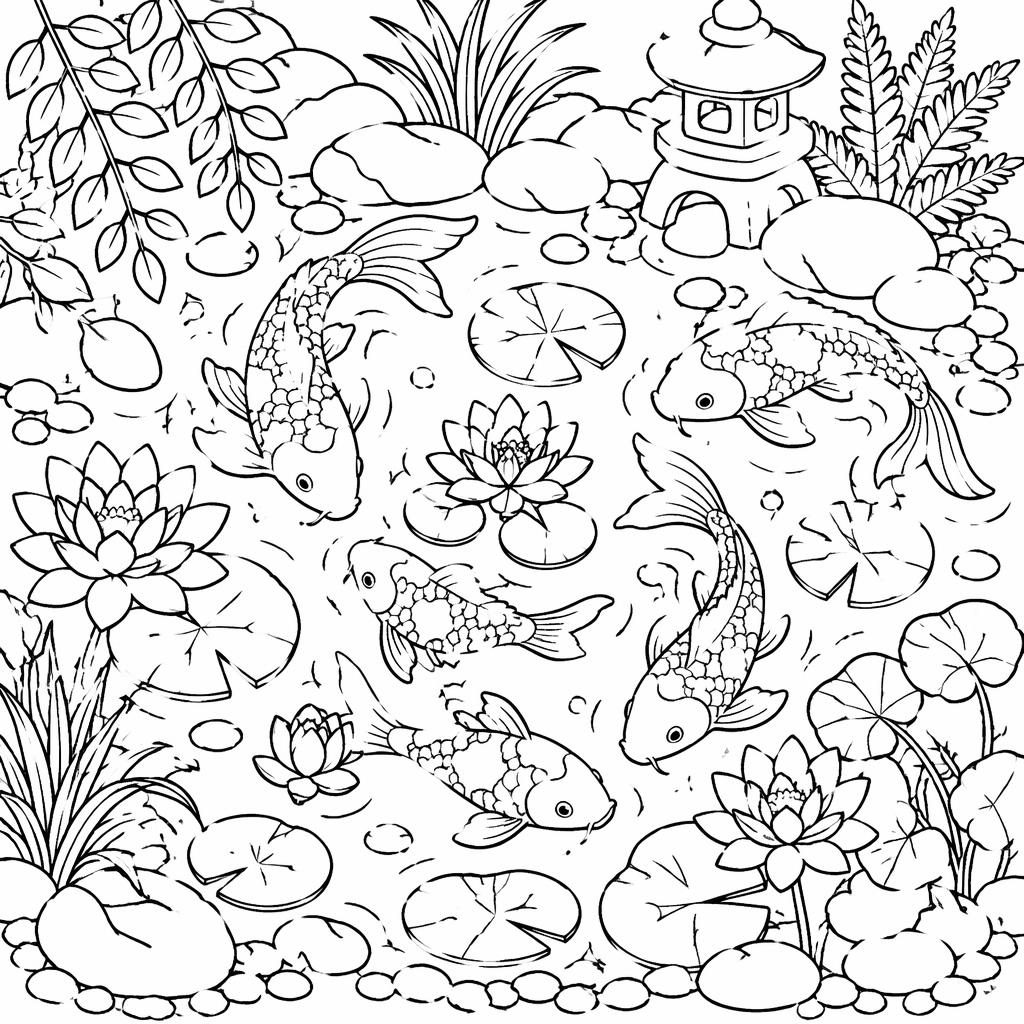 Ilustración para colorear en blanco y negro de un estanque koi con peces caricaturescos, líneas simples y fondo blanco.