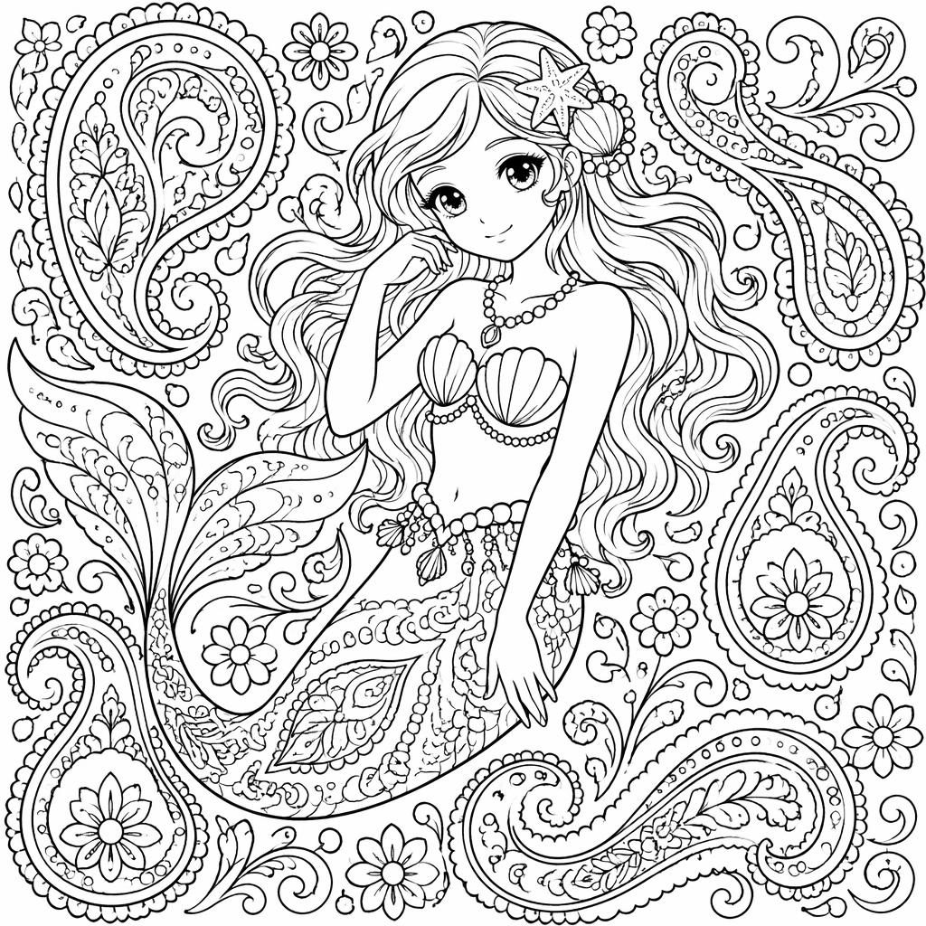 Página para colorear en blanco y negro con una sirena de estilo manga y patrones paisley detallados.