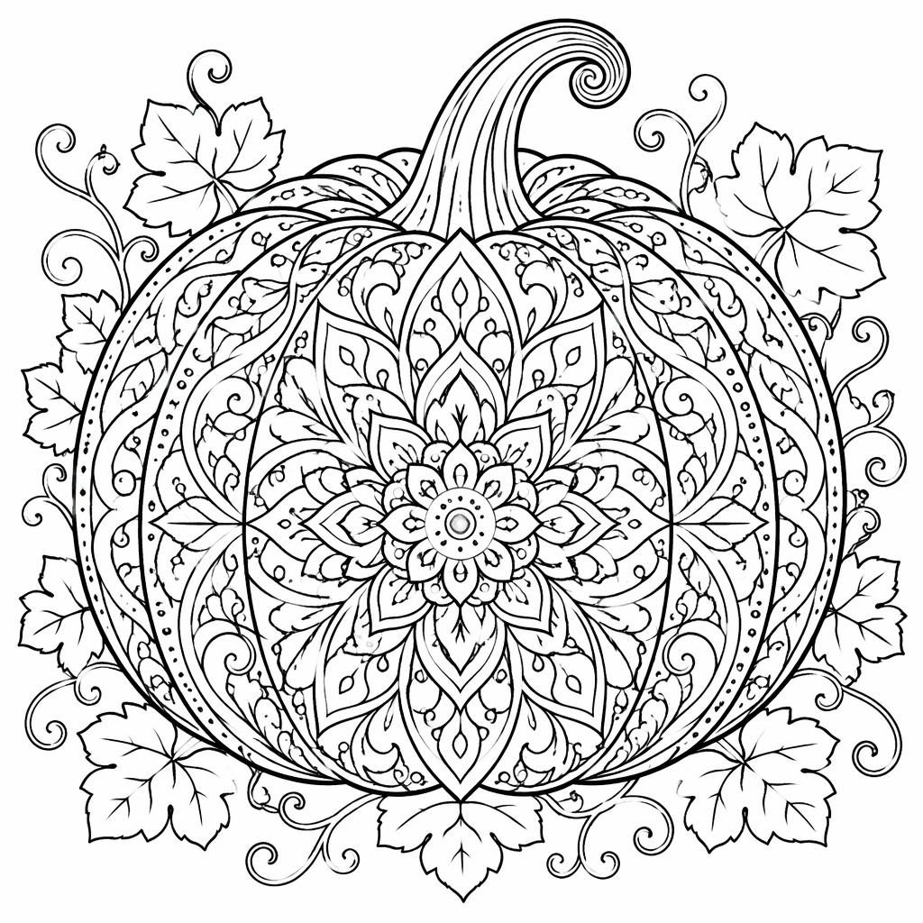 Illustration à colorier en noir et blanc d’une citrouille mandala détaillée, style manga, contours nets sur fond blanc.