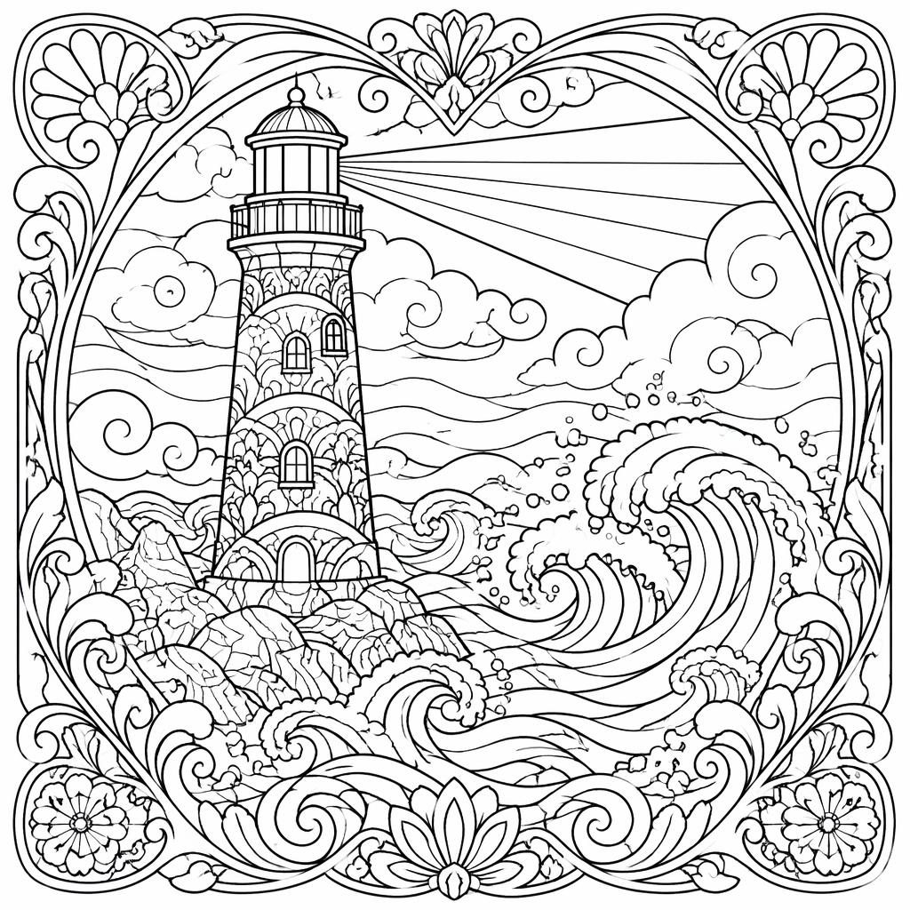 Ilustración para colorear en blanco y negro de un faro con olas detalladas en estilo art nouveau.