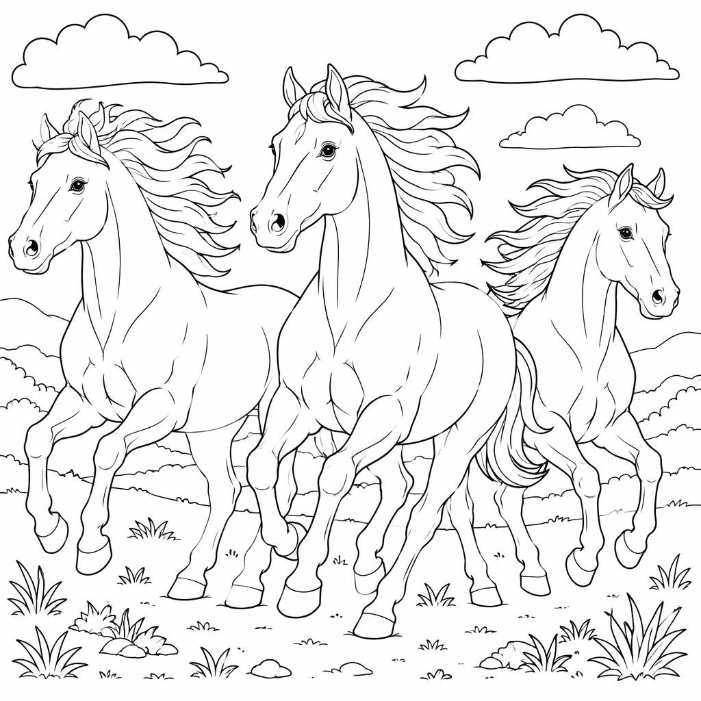 Ilustración en blanco y negro de caballos corriendo, con contornos limpios y formas cerradas para colorear.