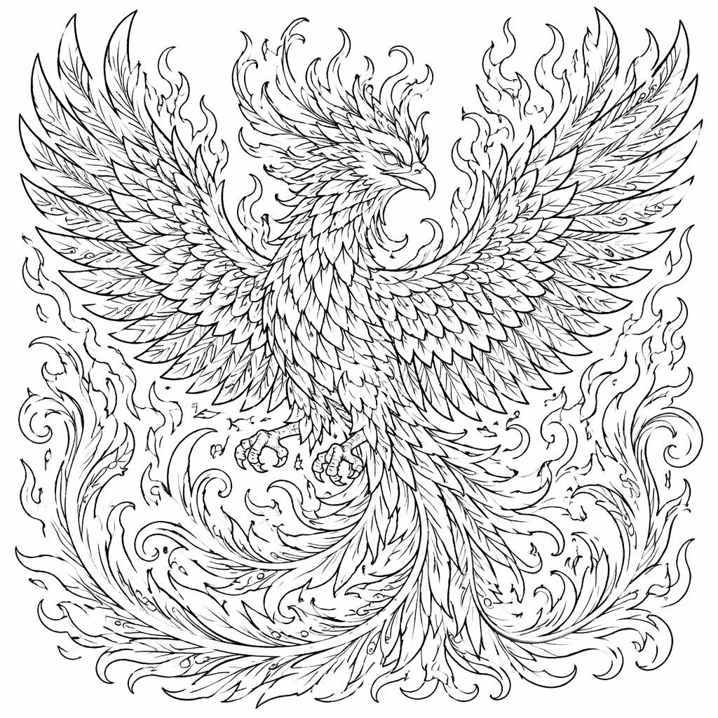Schwarz-weiße Ausmalseite mit Phönix in Flammen, filigranen Mandala-Details und klaren Konturen auf weißem Hintergrund.