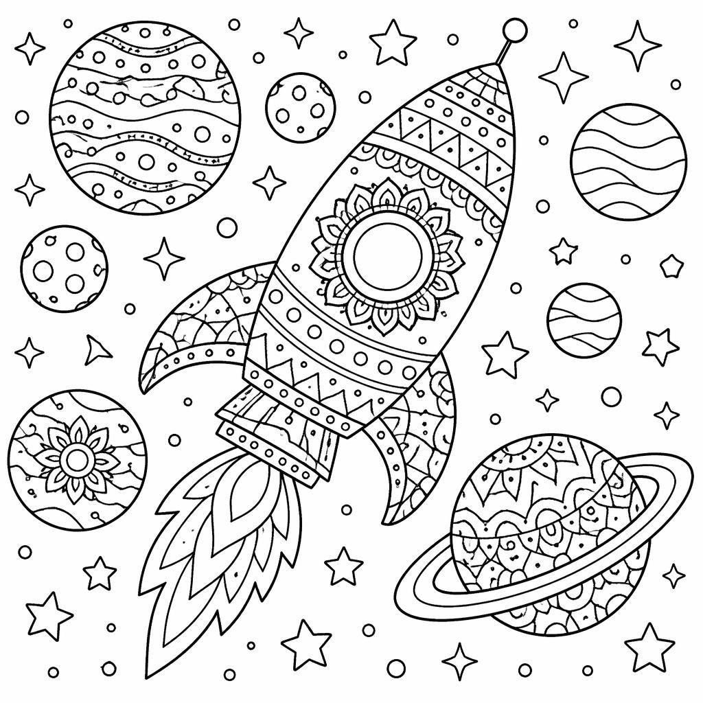 Schwarz-weiße Ausmalseite mit Rakete, Planeten und geometrischem Mandala-Linienmuster auf weißem Hintergrund.