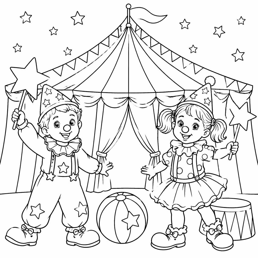 Schwarz-weißes Ausmalbild mit Zirkuszelt, fröhlichen Clowns und kindgerechter Zirkusszene als klare Linienzeichnung.