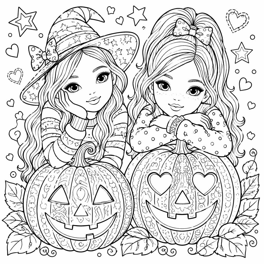 Schwarz-weiße Ausmalseite mit kindlichem Halloween-Kürbis im Zentangle-Stil, klare Konturen auf weißem Hintergrund