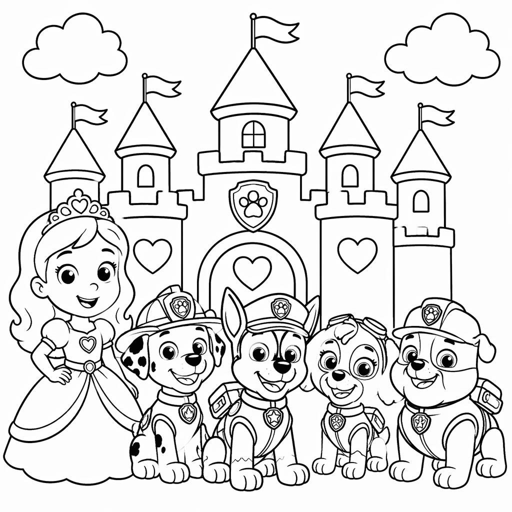 Black-and-white coloring page with a cute fairy tale princess castle in simple chunky cartoon outlines for young kids.