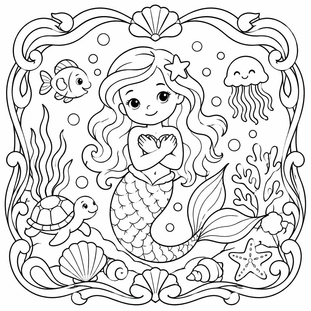 Ilustración en blanco y negro de una sirena bajo el mar para niños, con líneas simples y estilo art nouveau.