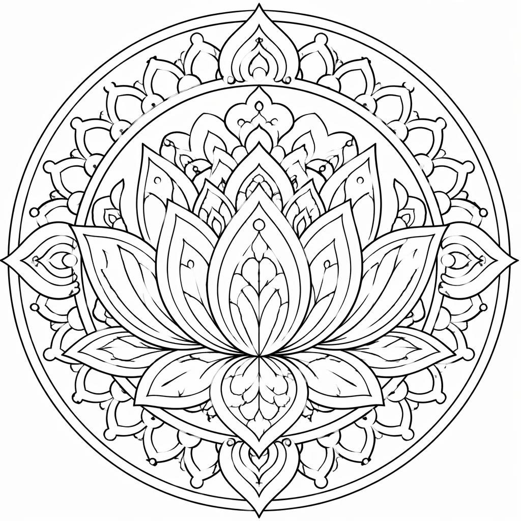 Ilustración para colorear en blanco y negro de un mándala de flor de loto con detalle moderado y estilo botánico.