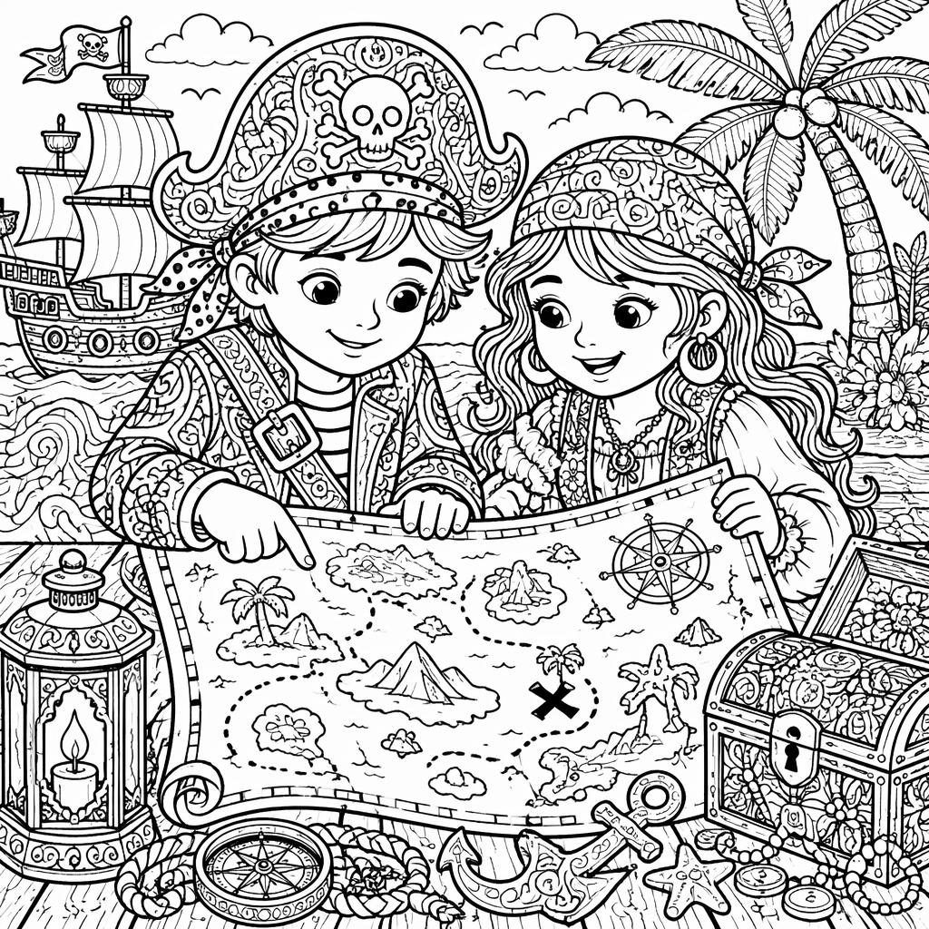 Schwarz-weiße Ausmalseite mit Piratenkindern, Schatzkarte und Pokal im detailreichen Zentangle-Stil.