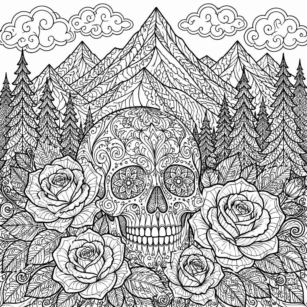 Black-and-white coloring page with intricate mountains, pine trees, and zentangle-style line art on white background.