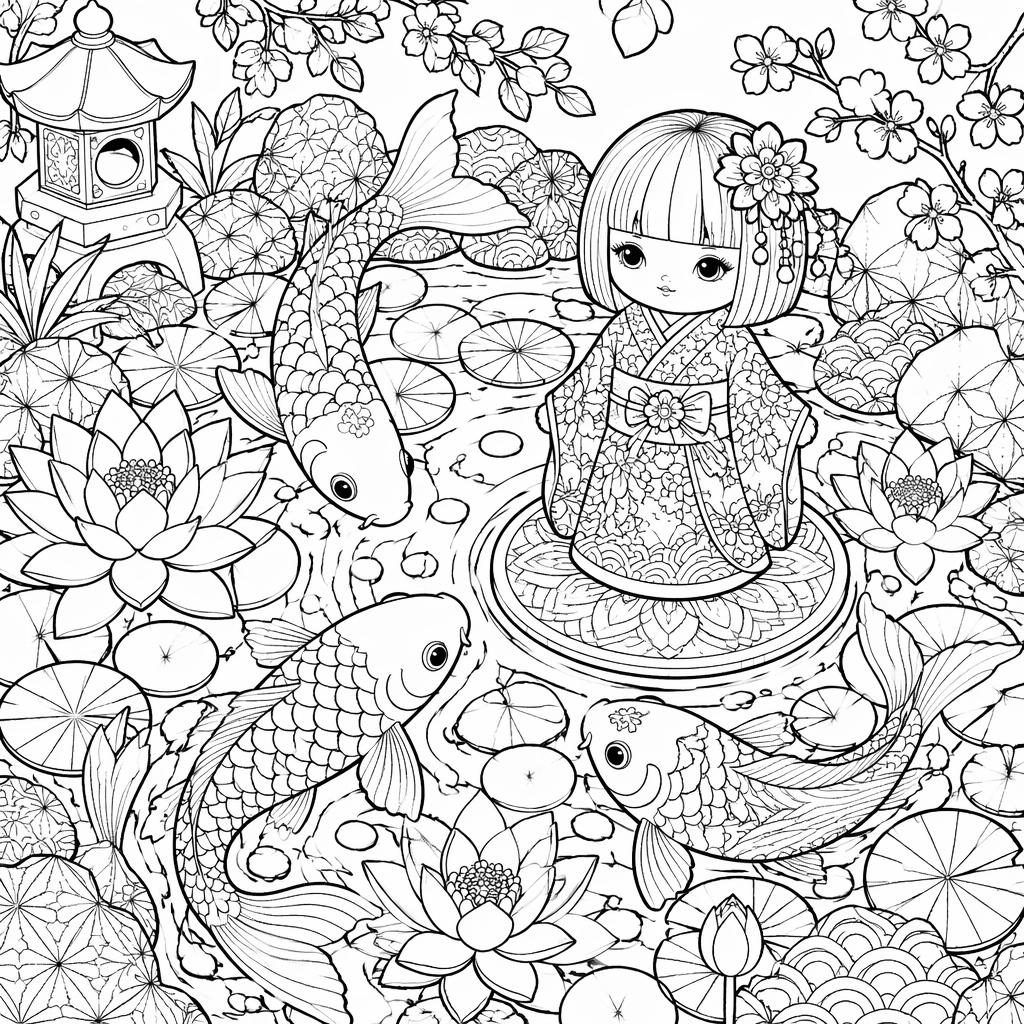 Black-and-white adult coloring page of a detailed koi pond with intricate mandala-style patterns and clean printable outlines.