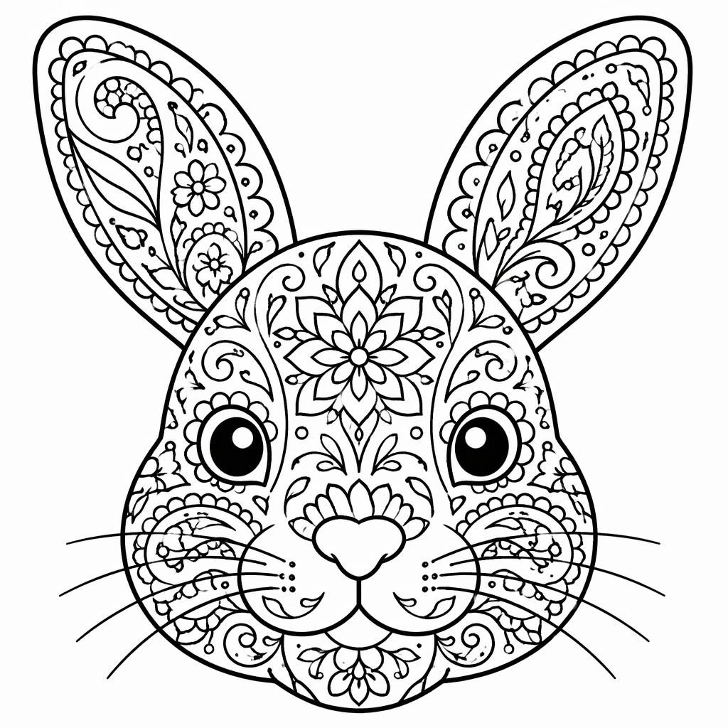 Illustration noir et blanc d’une tête de lapin avec motifs paisley et style mandala, contours épais à colorier.
