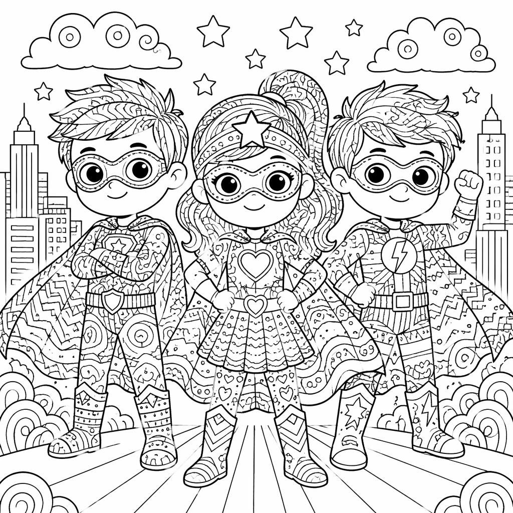 Ilustración para colorear en blanco y negro de niños superhéroes estilo doodle, con contornos limpios y fondo blanco.