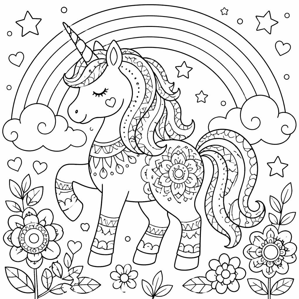 Black-and-white line art of a simple unicorn under a rainbow with mandala geometric details, printable coloring page.