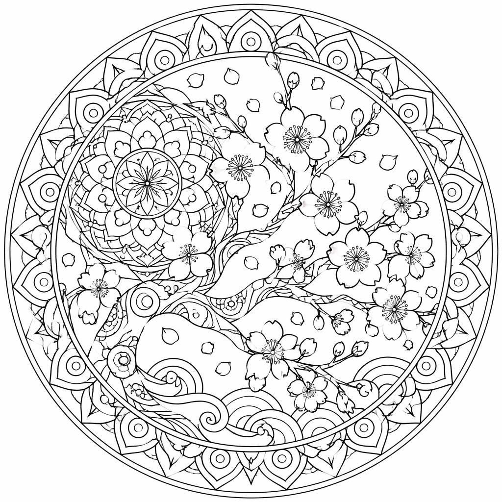 Schwarz-weißes Ausmalbild einer japanischen Kirschblüte für Erwachsene im detailreichen Mandala-Linienstil