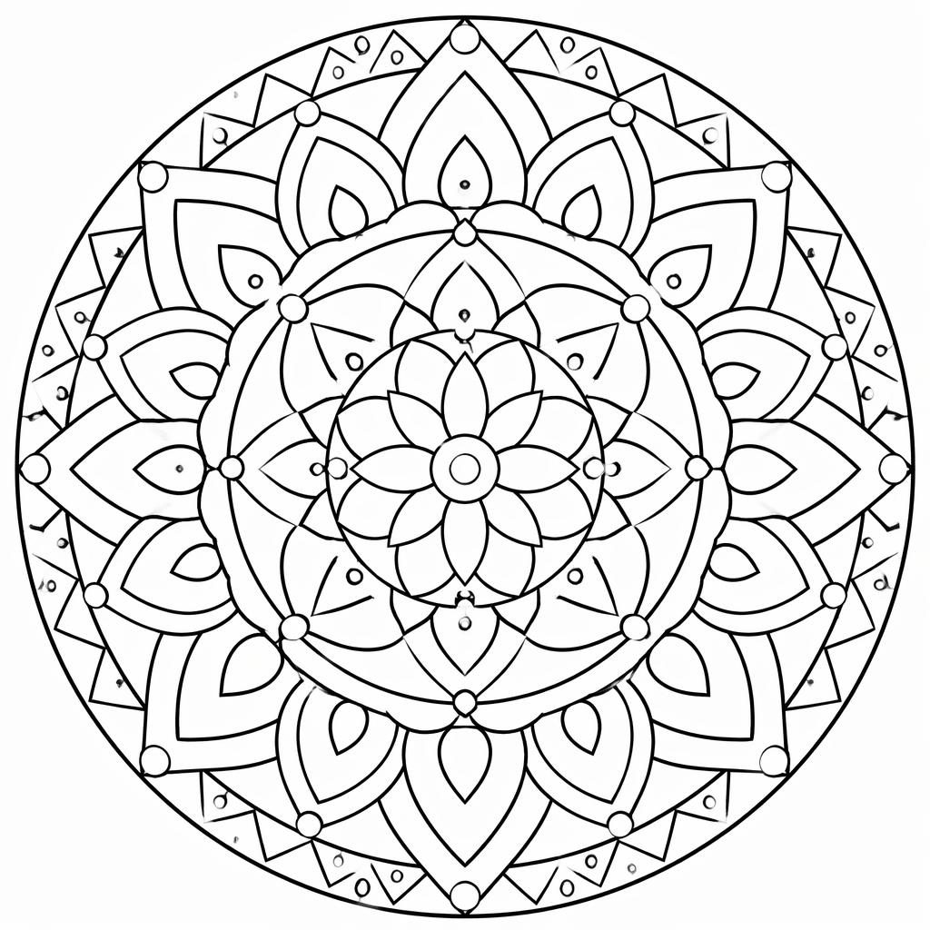 Black-and-white mandala geometric adult coloring page with simple symmetrical shapes and clean cartoon-style outlines.