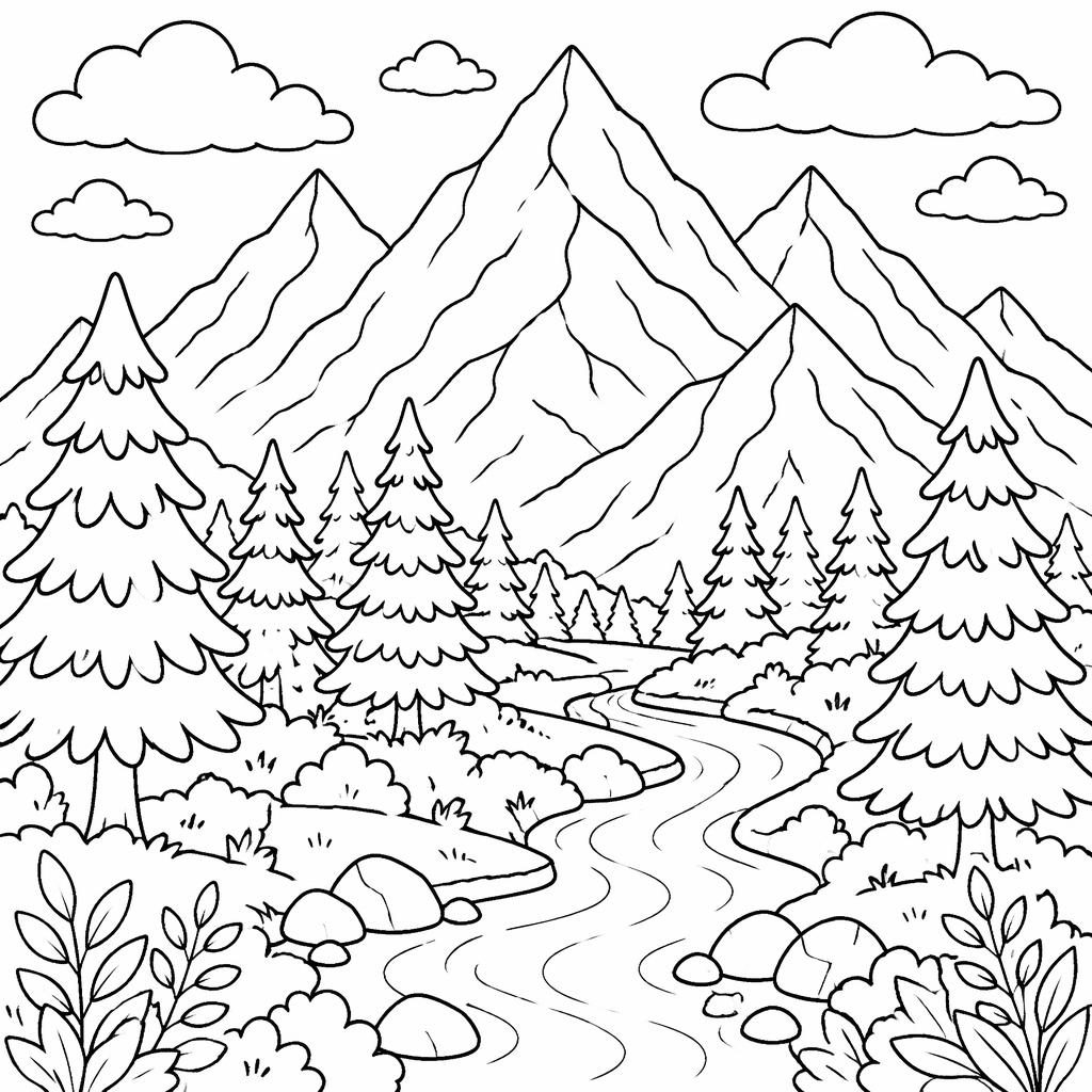 Ilustración en blanco y negro para colorear con montañas y árboles de pino, estilo tierno, líneas limpias y fondo blanco.