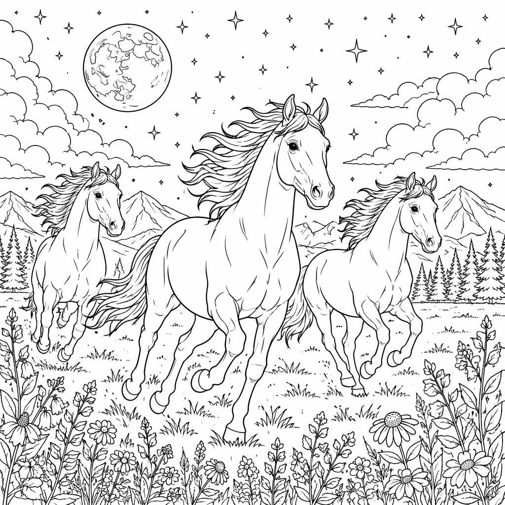 Black-and-white coloring page with detailed running horses in botanical line art, clean outlines on a white background.