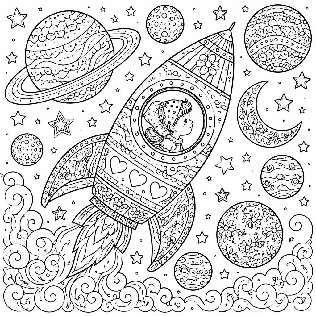 Illustration noir et blanc à colorier avec fusée spatiale, planètes et motifs zentangle pour enfants