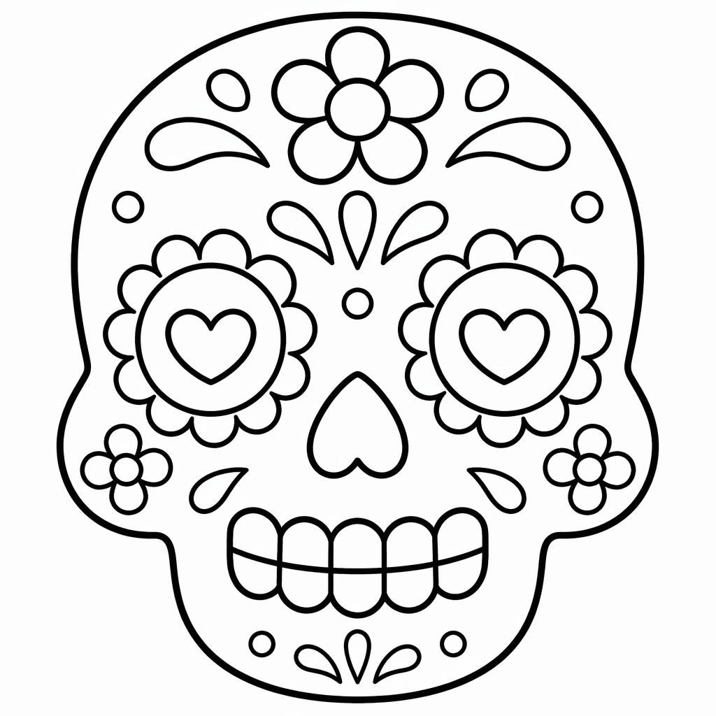Ilustración para colorear en blanco y negro de una calavera dulce tierna, con líneas gruesas y diseño simple infantil.