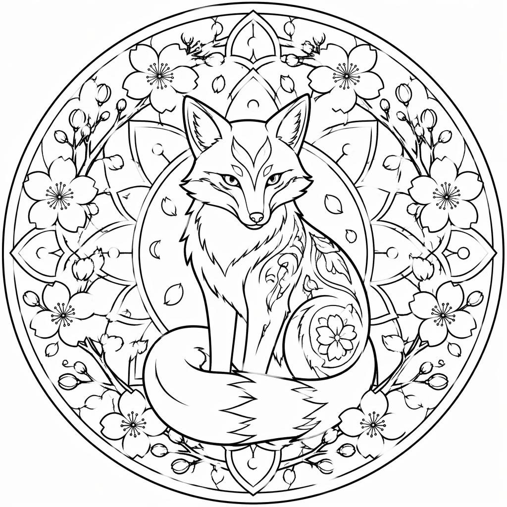 Ilustración para colorear en blanco y negro de un zorro mandala adulto con flores de cerezo japonesas, estilo manga.