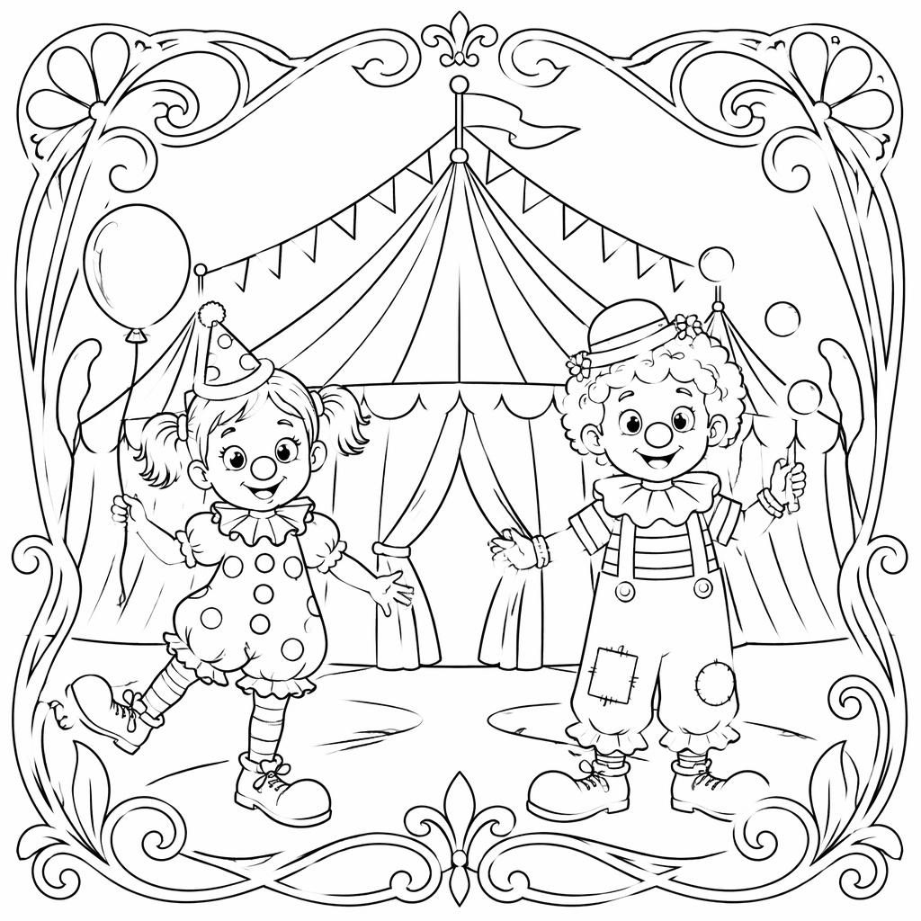 Illustration noir et blanc à colorier d’un chapiteau de cirque avec des clowns enfants, style art nouveau.