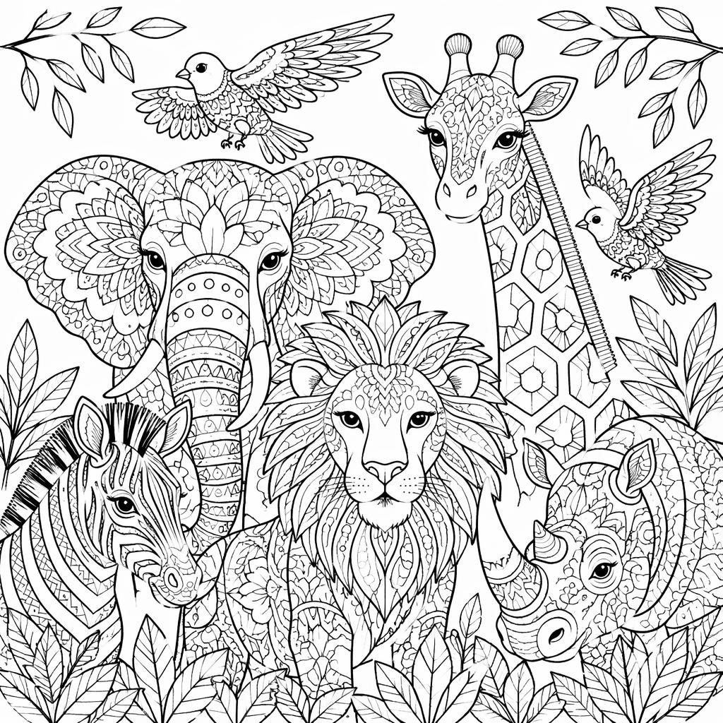 Ilustración para colorear en blanco y negro de animales de safari con patrones zentangle y estilo manga.